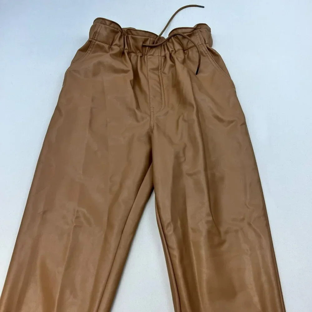 Abercrombie & Fitch Womens Faux Leather Dress Pants Tapered Drawstring Tan Small